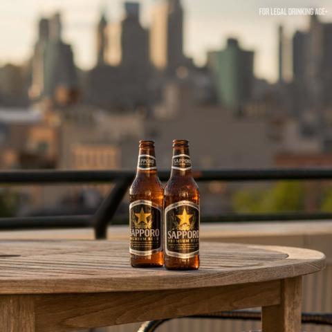 Sapporo Premium beer bottles with City in the background