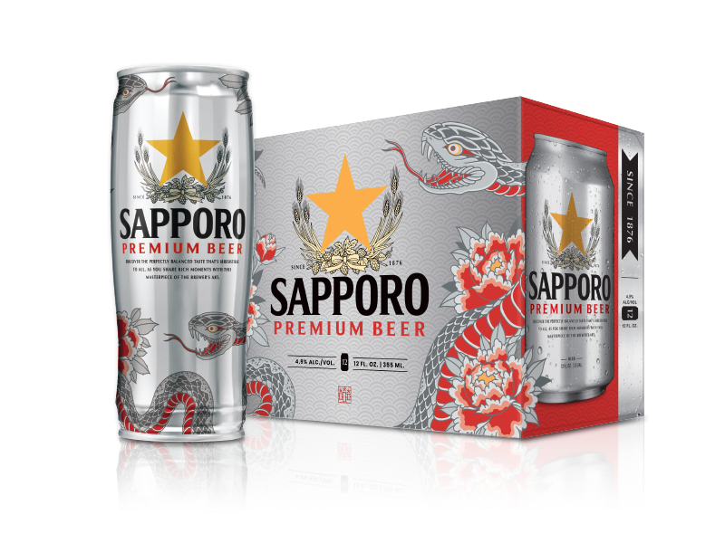 sapporo premium beer steel can and 12oz six-pack can